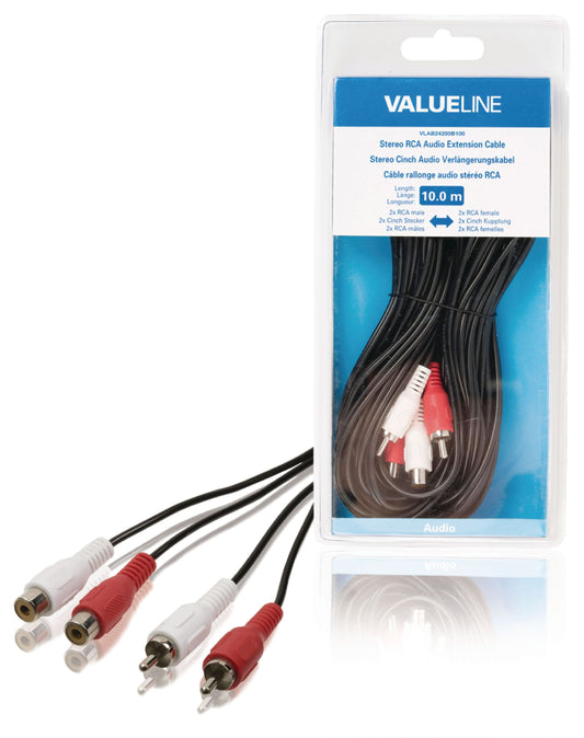 Valueline Stereo-Audio-Verlängerungskabel 2x RCA male - 2x RCA female 10.0 m Schwarz