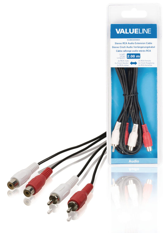 Valueline VLAB24205B20 Stereo-Audio-Verlängerungskabel 2x RCA male - 2x RCA female 2.00 m Schwarz