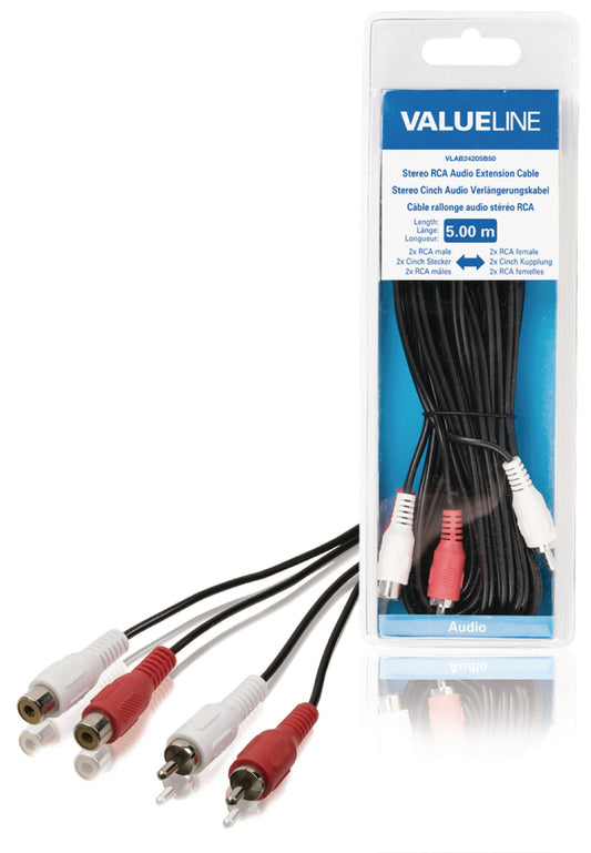 Valueline Stereo-Audio-Verlängerungskabel 2x RCA male - 2x RCA female 5.00 m Schwarz