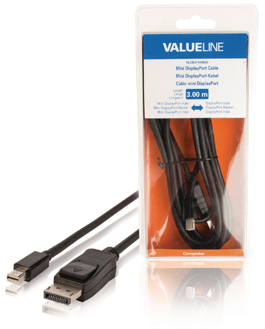 Valueline Mini Displayport-Kabel Mini Displayport Stecker - Displayport male 3.00 m Schwarz