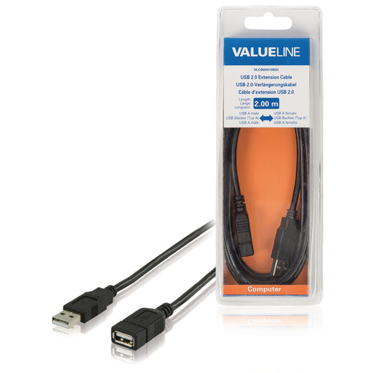 Valueline USB 2.0 Verlängerungskabel USB A male - USB A female 2.00 m Schwarz