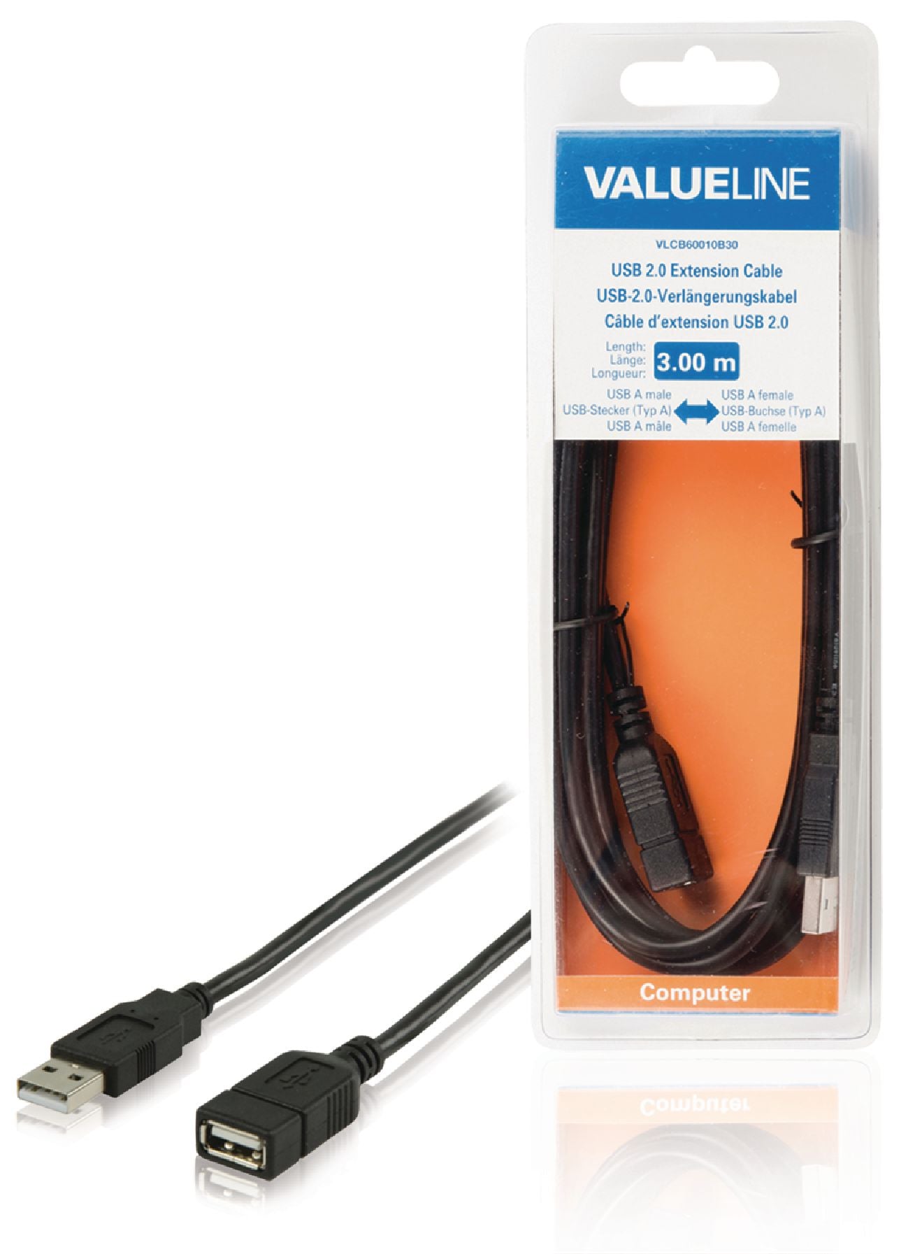 Valueline USB 2.0 Verlängerungskabel USB A male - USB A female 3.00 m Schwarz