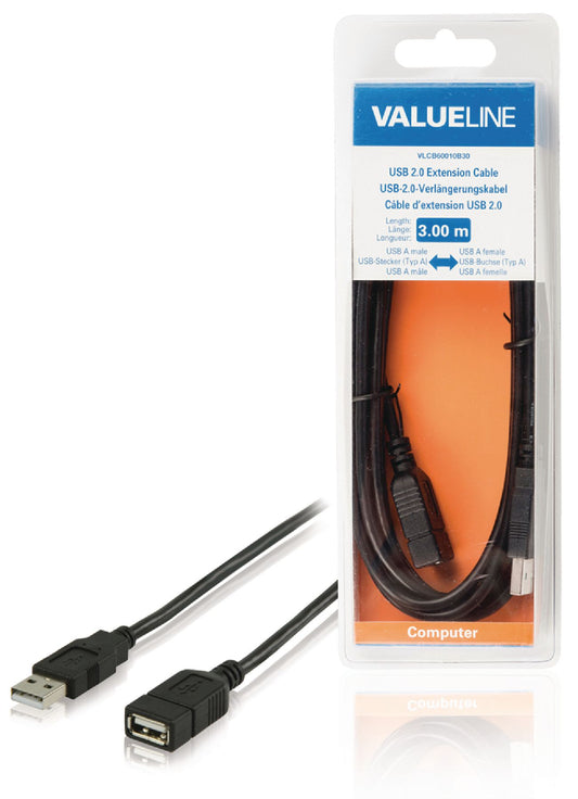 Valueline USB 2.0 Verlängerungskabel USB A male - USB A female 3.00 m Schwarz