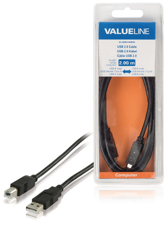 Valueline USB 2.0 Kabel USB A male - USB-B Male rund 2.00 m Schwarz