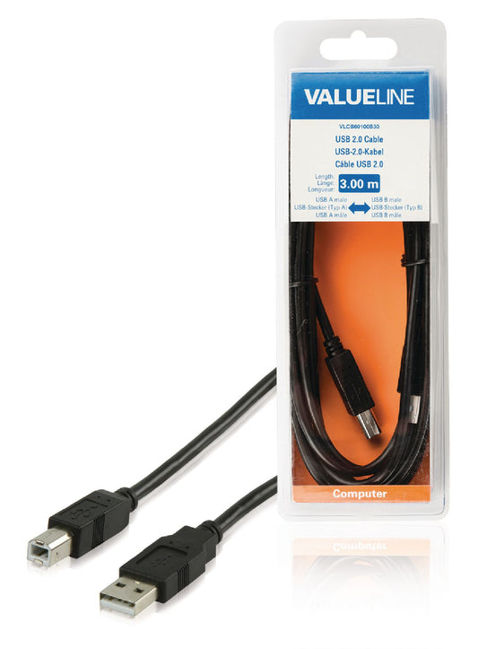 Valueline USB 2.0 Kabel USB A male - USB-B Male rund 3.00 m Schwarz
