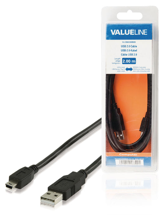 Valueline USB 2.0 Kabel USB A male - Mini 5-pol. male rund 2.00 m Schwarz