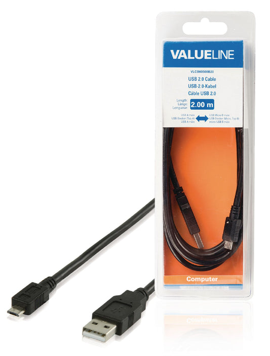Valueline USB 2.0 Kabel USB A male - Micro-B male rund 2.00 m Schwarz