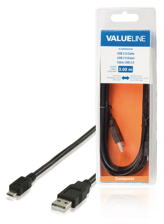 Valueline USB 2.0 Kabel USB A male - Micro-B male rund 3.00 m Schwarz
