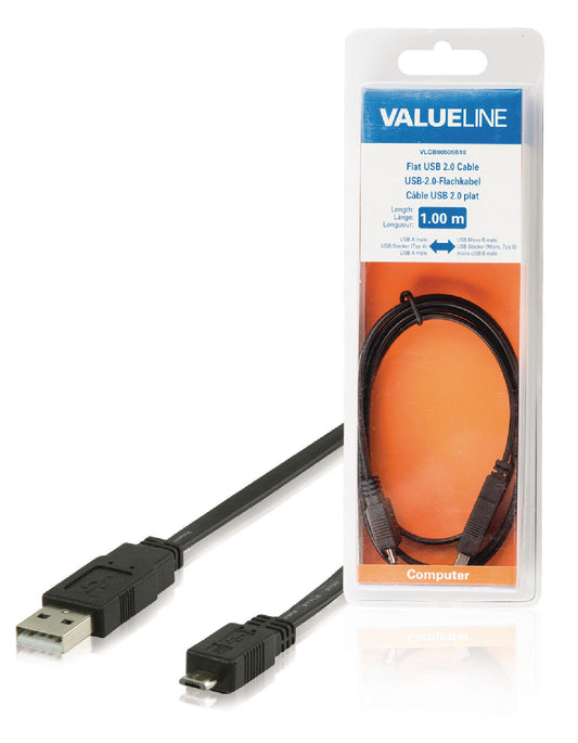 Valueline USB 2.0 Kabel USB A male - Micro-B male flach 1.00 m Schwarz
