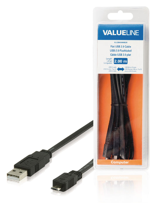 Valueline USB 2.0 Kabel USB A male - Micro-B male flach 2.00 m Schwarz