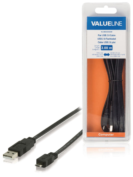 Valueline USB 2.0 Kabel USB A male - Micro-B male flach 3.00 m Schwarz