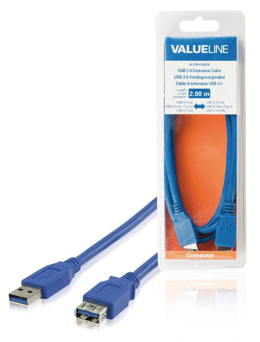 Valueline USB 3.0 Verlängerungskabel USB A male - USB A female 2.00 m Blau