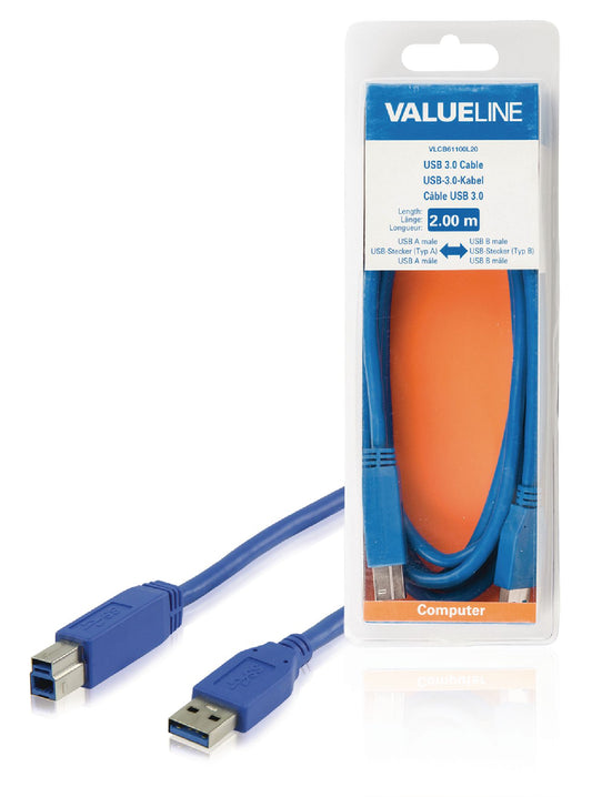 Valueline USB 3.0 Kabel USB A male - USB-B Male 2.00 m Blau
