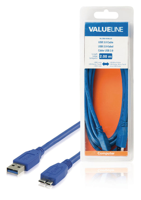 Valueline USB 3.0 Kabel USB A male - Micro-B male 2.00 m Blau