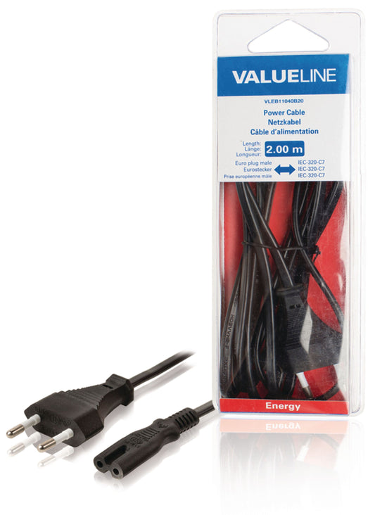 Valueline Euro-Netzkabel Euro male - IEC-320-C7 2.00 m Schwarz