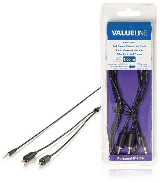 Valueline Stereo-Audiokabel 3.5 mm male - 2x RCA male 1.00 m Schwarz