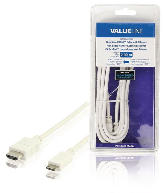 Valueline High Speed HDMI Kabel mit Ethernet HDMI Anschluss - HDMI Mini Stecker 2.00 m Weiss
