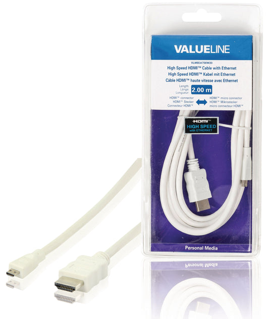 Valueline High Speed HDMI Kabel mit Ethernet HDMI Anschluss - HDMI Micro Stecker 2.00 m Weiss