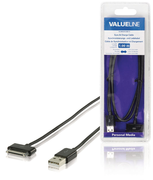 Valueline Sync und Ladekabel Apple Dock 30-pin - USB A male 1.00 m Schwarz