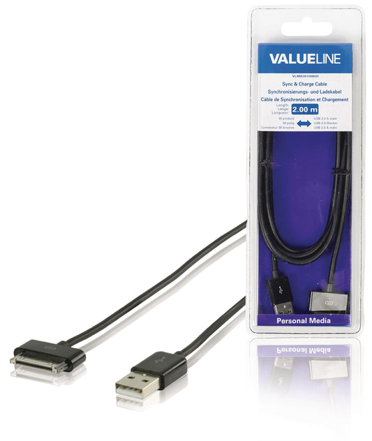 Valueline Sync und Ladekabel Apple Dock 30-pin - USB A male 2.00 m Schwarz