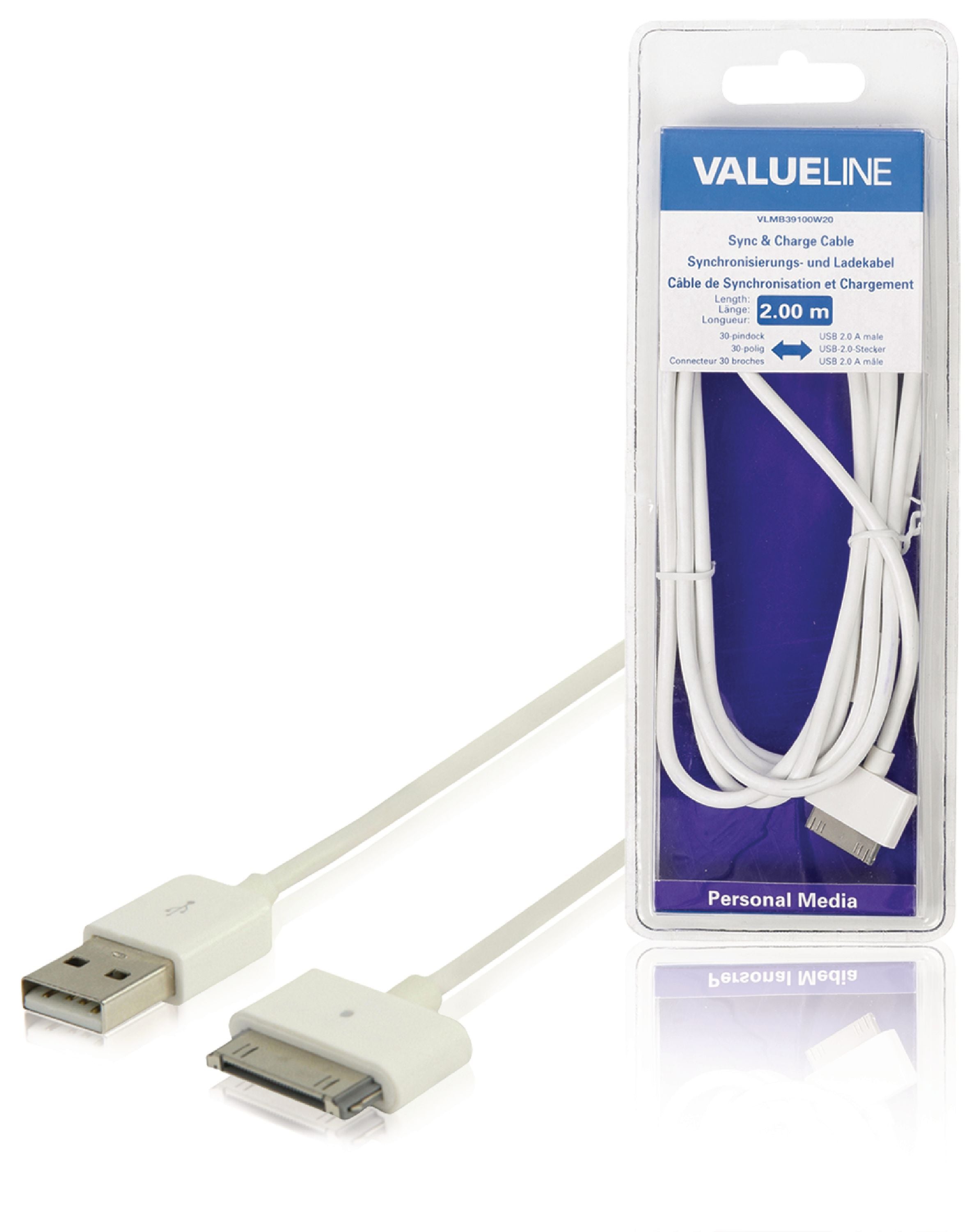 Valueline Sync und Ladekabel Apple Dock 30-pin - USB A male 2.00 m Weiss
