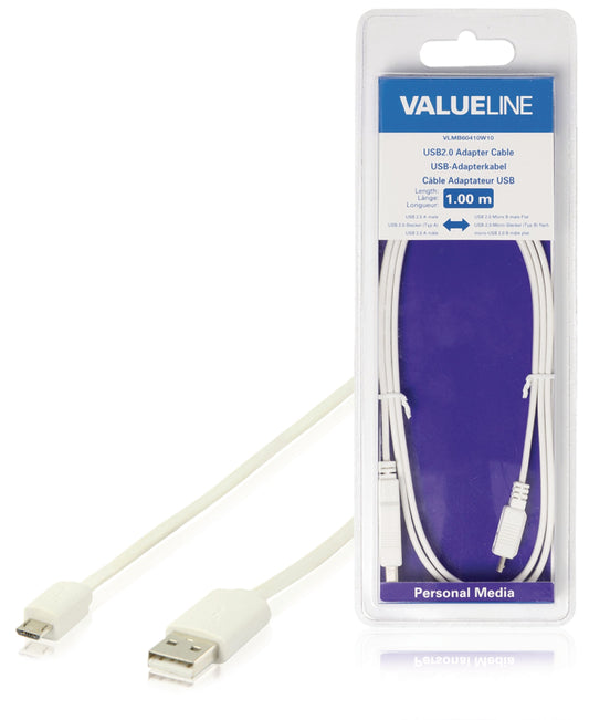 Valueline USB 2.0 Kabel USB A male - Micro-B male flach 1.00 m Weiss