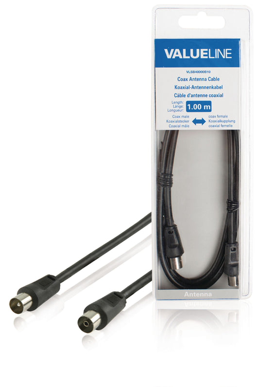 Valueline Koaxialkabel Koax-Stecker - Koax-Kupplung gerade 1.00 m Schwarz