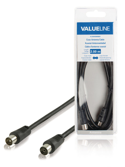 Valueline Koaxialkabel Koax-Stecker - Koax-Kupplung gerade 2.00 m Schwarz
