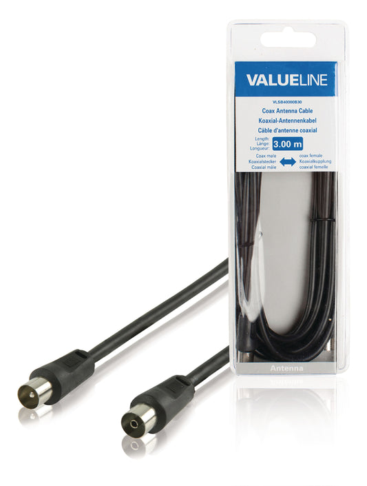 Valueline Koaxialkabel Koax-Stecker - Koax-Kupplung gerade 3.00 m Schwarz
