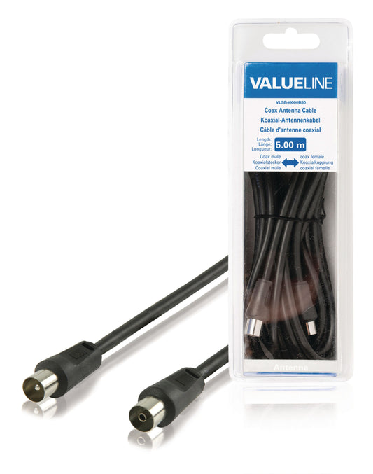 Valueline Koaxialkabel Koax-Stecker - Koax-Kupplung gerade 5.00 m Schwarz
