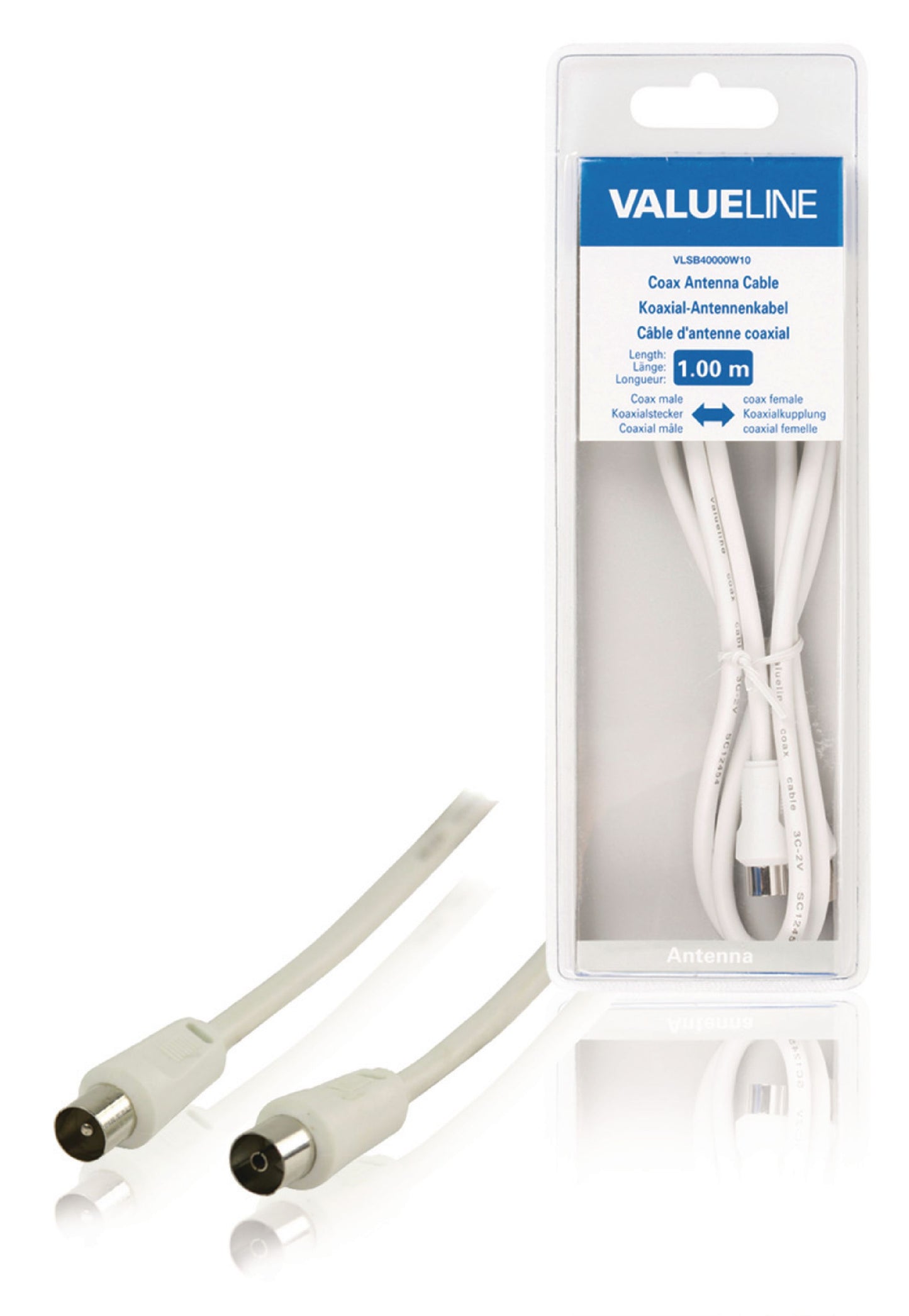 Valueline Koaxialkabel Koax-Stecker - Koax-Kupplung gerade 1.00 m Weiss