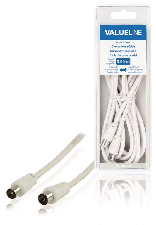 Valueline Koaxialkabel Koax-Stecker - Koax-Kupplung gerade 3.00 m Weiss