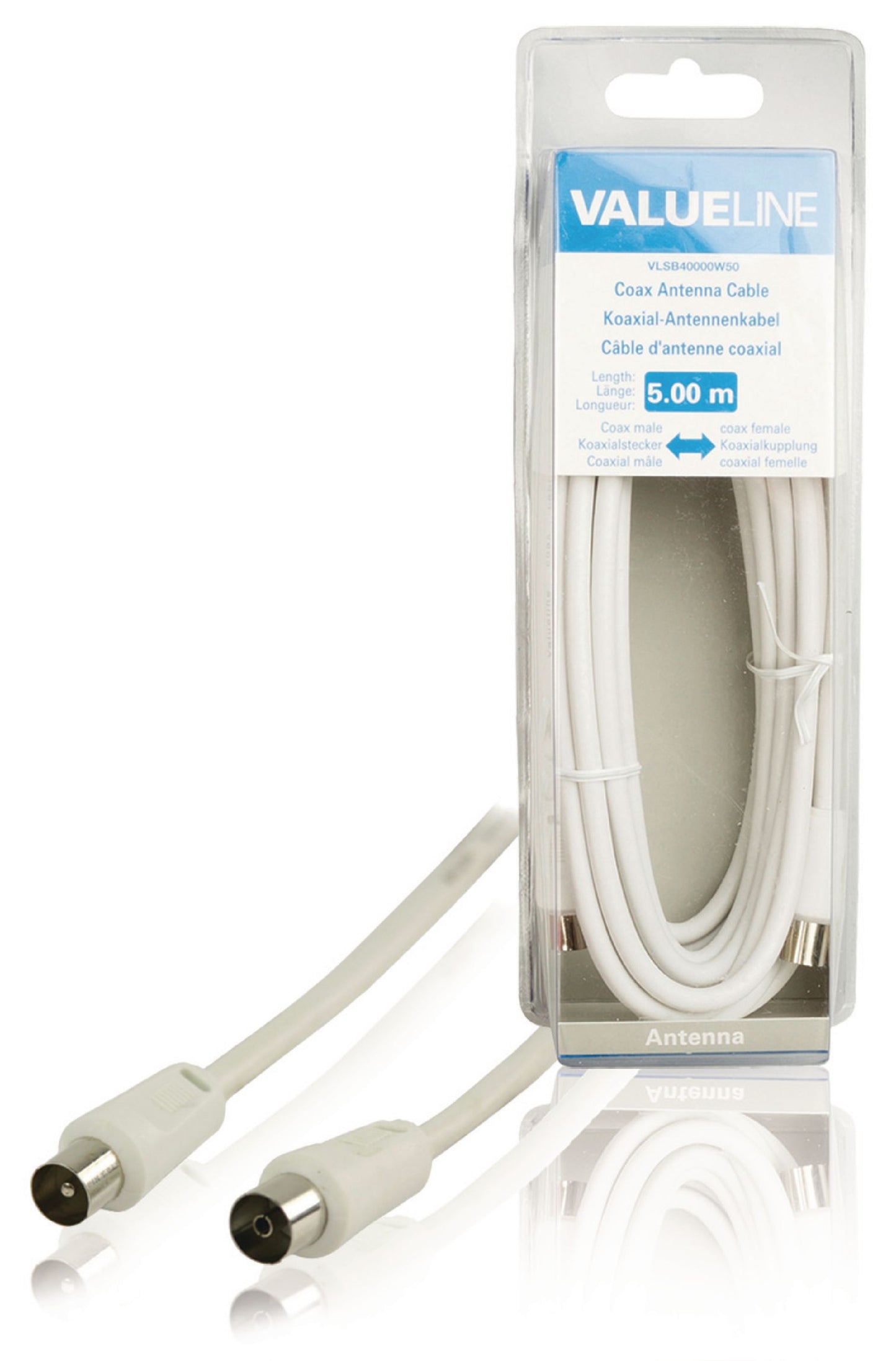 Valueline Koaxialkabel Koax-Stecker - Koax-Kupplung gerade 5.00 m Weiss