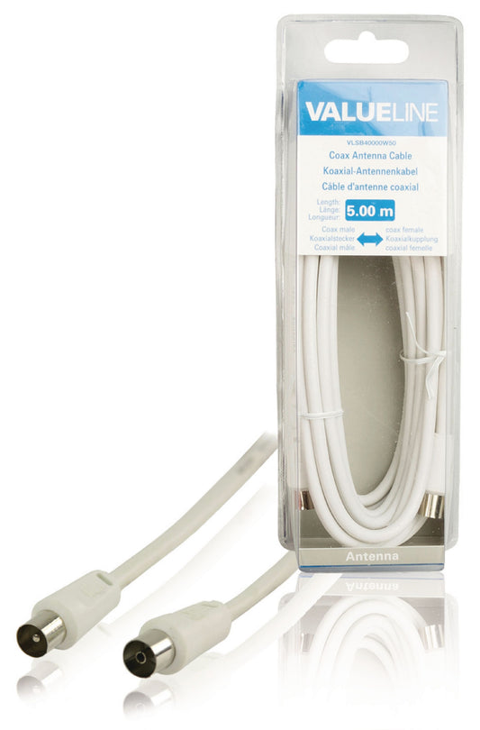 Valueline Koaxialkabel Koax-Stecker - Koax-Kupplung gerade 5.00 m Weiss