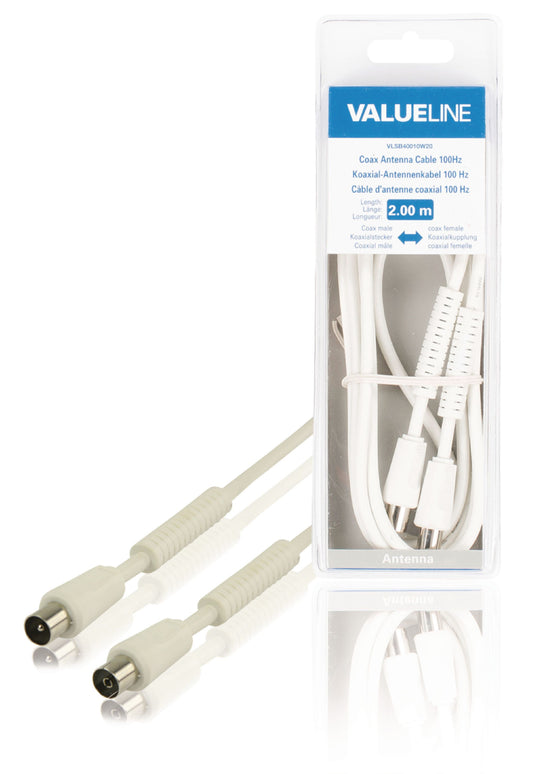 Valueline Koaxkabel 100 dB Koax-Stecker - Koax-Kupplung 2.00 m Weiss