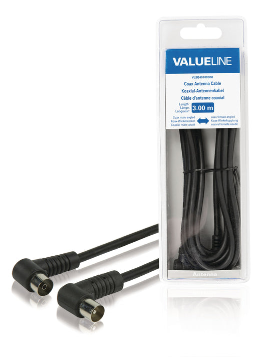 Valueline Koaxialkabel abgewinkelt Koax-Stecker - Koax-Kupplung 3.00 m Schwarz