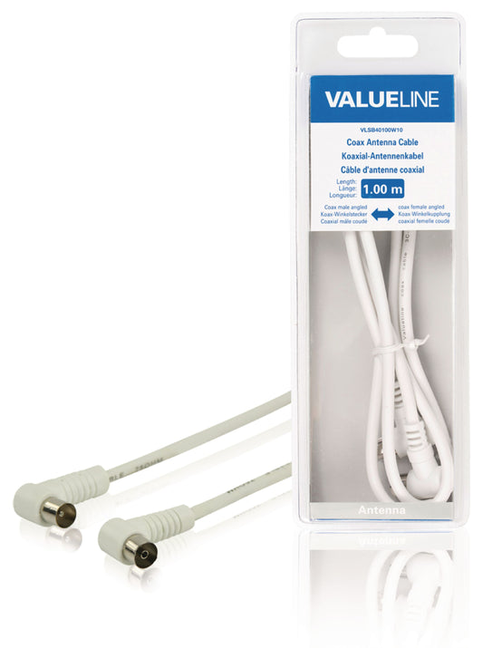 Valueline Koaxialkabel abgewinkelt Koax-Stecker - Koax-Kupplung 1.00 m Weiss