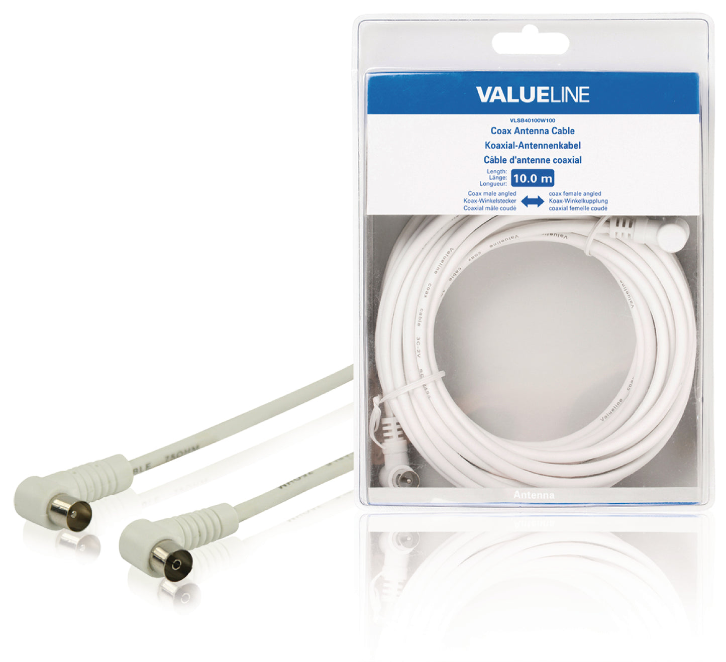 Valueline Koaxialkabel abgewinkelt Koax-Stecker - Koax-Kupplung 10.0 m Weiss