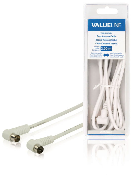 Valueline Koaxialkabel abgewinkelt Koax-Stecker - Koax-Kupplung 2.00 m Weiss