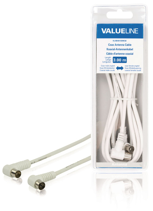 Valueline Koaxialkabel abgewinkelt Koax-Stecker - Koax-Kupplung 3.00 m Weiss