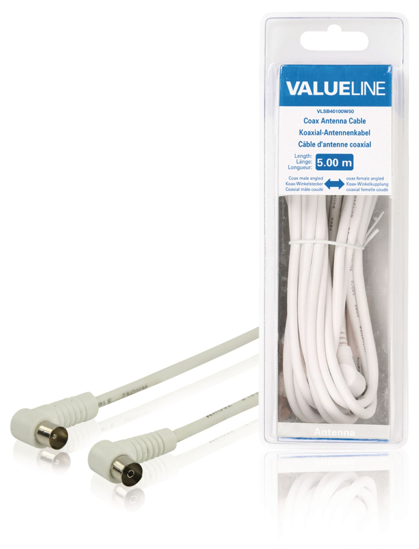 Valueline Koaxialkabel abgewinkelt Koax-Stecker - Koax-Kupplung 5.00 m Weiss