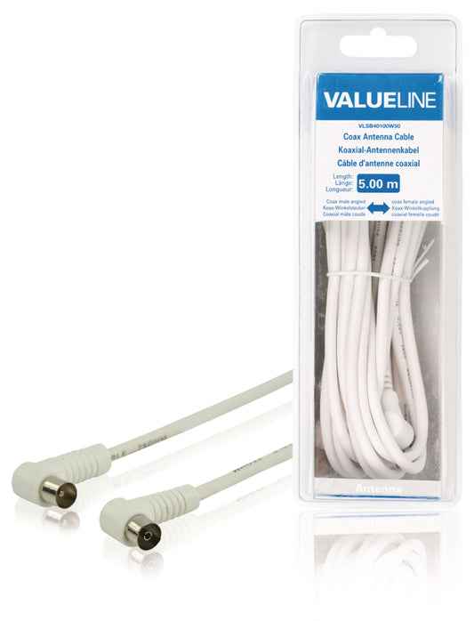 Valueline Koaxialkabel abgewinkelt Koax-Stecker - Koax-Kupplung 5.00 m Weiss
