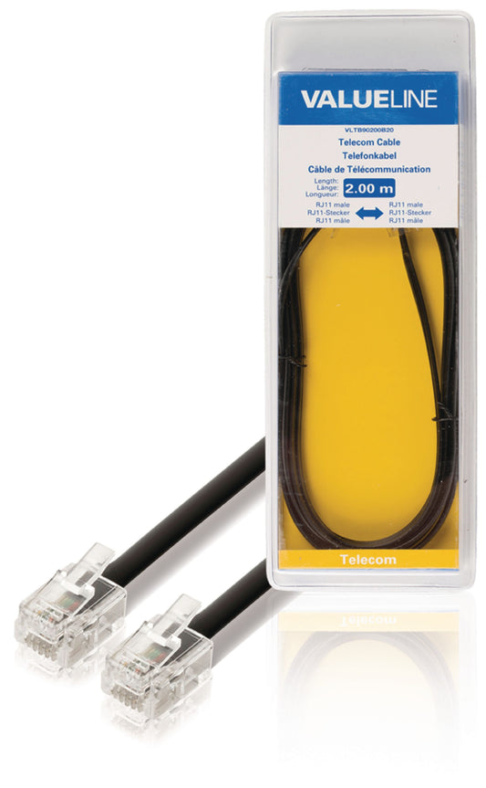 Valueline Telefonkabel RJ11 (6P4C) female - RJ11 (6P4C) female flach 2.00 m Schwarz