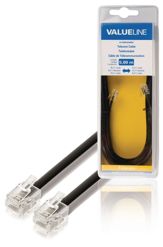 Valueline Telefonkabel RJ11 (6P4C) female - RJ11 (6P4C) female flach 5.00 m Schwarz