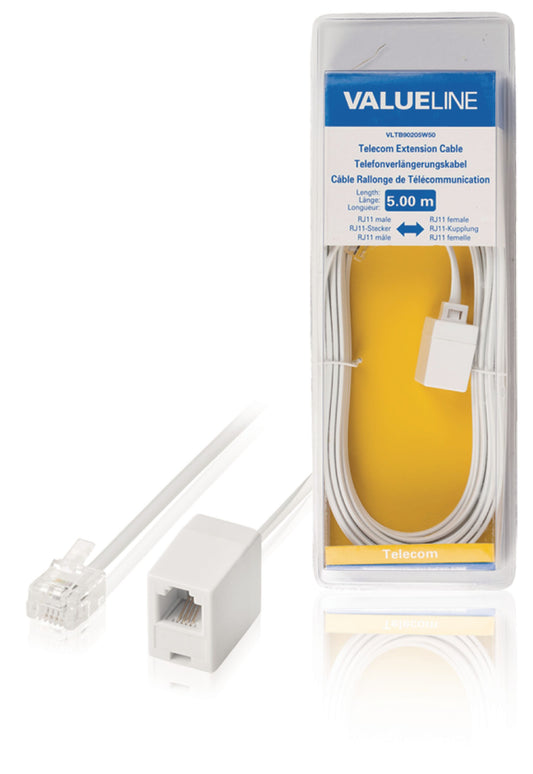 Valueline Telefon-Verlängerungskabel RJ11 (6P4C) female - RJ11 (6P4C) male flach 5.00 m Weiss