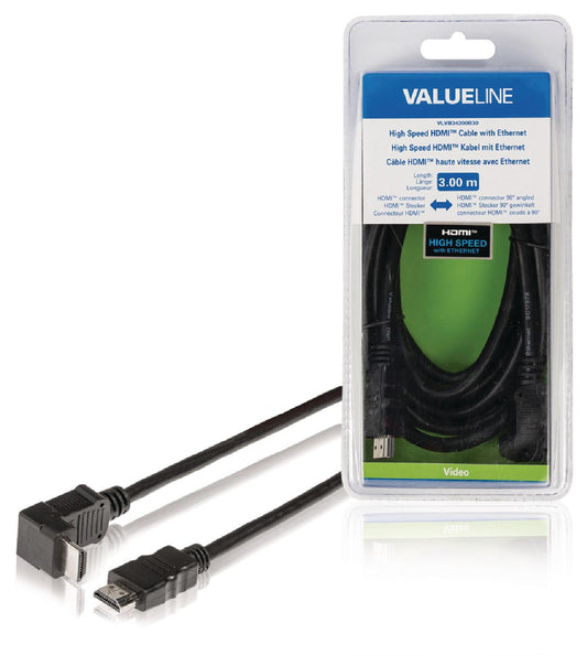 Valueline High Speed HDMI Kabel mit Ethernet HDMI Anschluss - HDMI Anschluss abgewinkelt 90° 3.00 m Schwarz