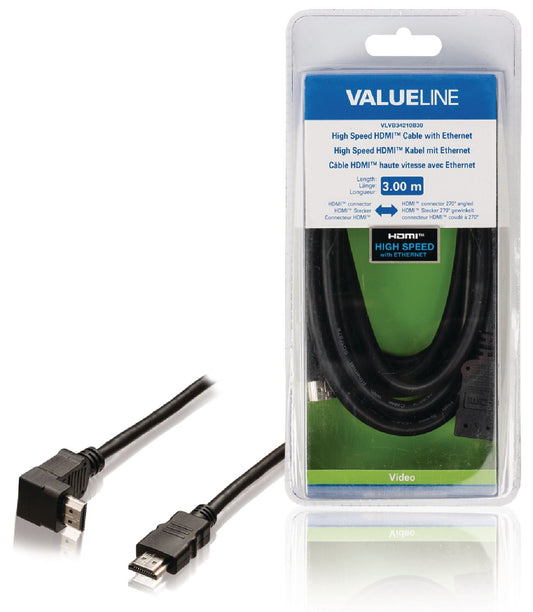 Valueline High Speed HDMI Kabel mit Ethernet HDMI Anschluss - HDMI Anschluss abgewinkelt 270° 3.00 m Schwarz