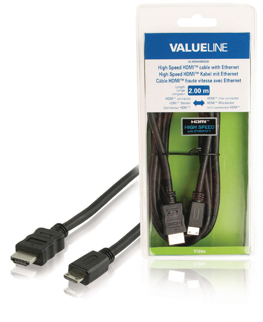 Valueline High Speed HDMI Kabel mit Ethernet HDMI Anschluss - HDMI Mini Stecker 2.00 m Schwarz