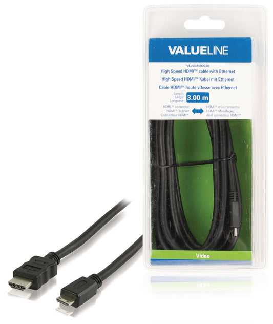 Valueline High Speed HDMI Kabel mit Ethernet HDMI Anschluss - HDMI Mini Stecker 3.00 m Schwarz