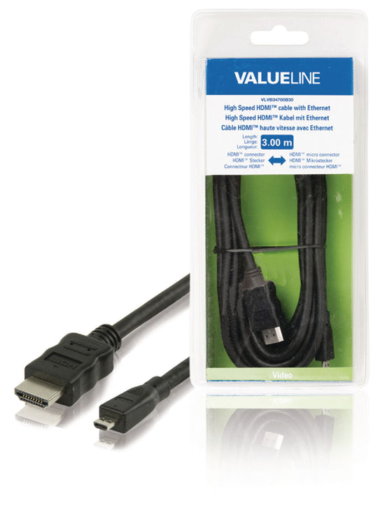 Valueline High Speed HDMI Kabel mit Ethernet HDMI Anschluss - HDMI Micro Stecker 3.00 m Schwarz